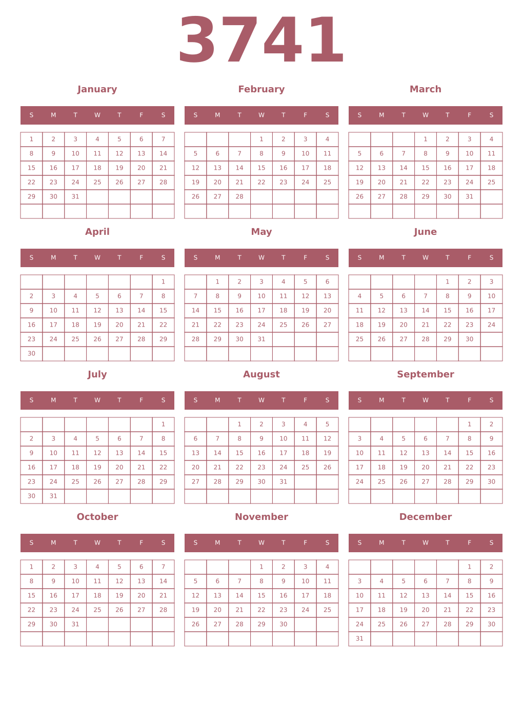 Printable 3741 Year Calendars puce