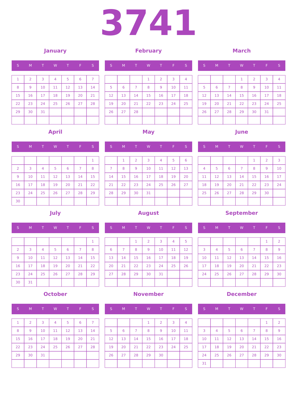 Printable 3741 Year Calendars purple