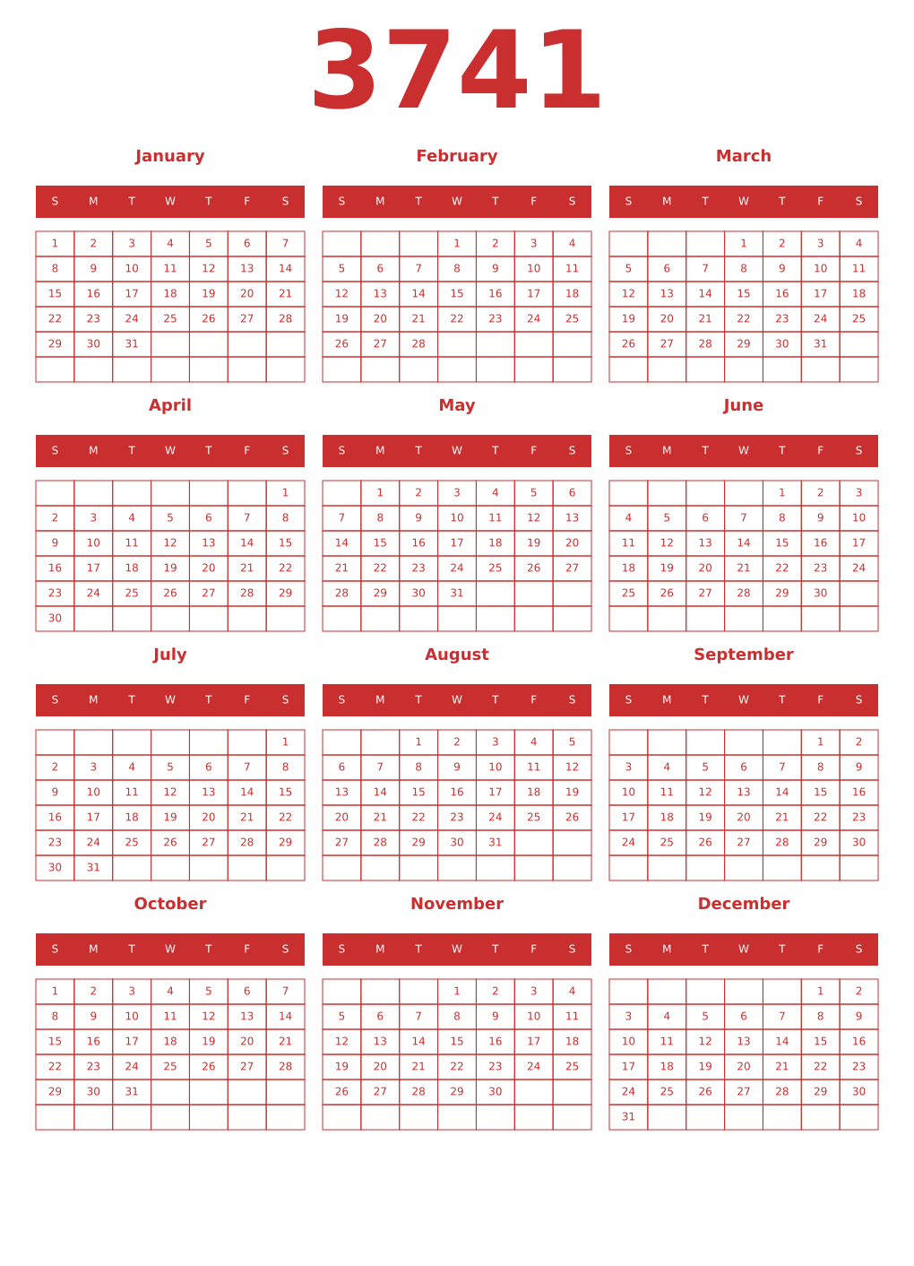 Printable 3741 Year Calendars red