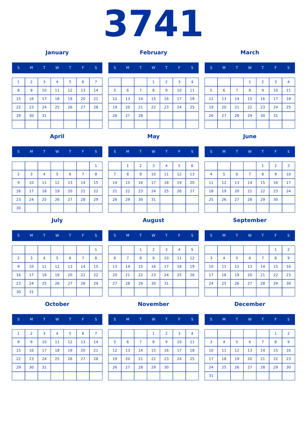 Printable 3741 Year Calendars smalt