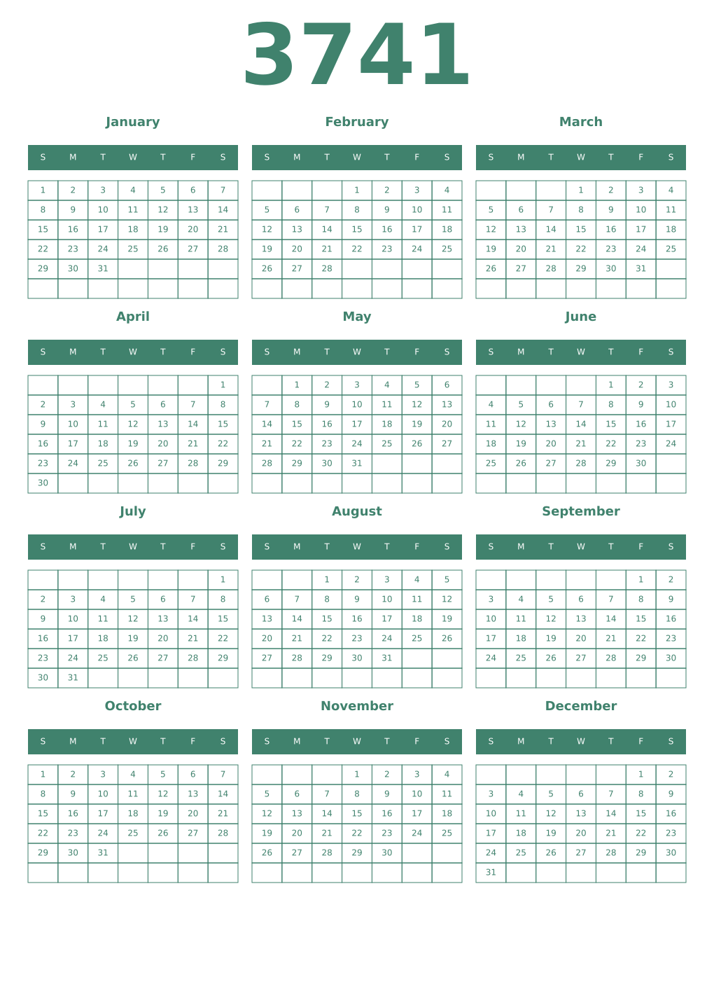 Printable 3741 Year Calendars viridian