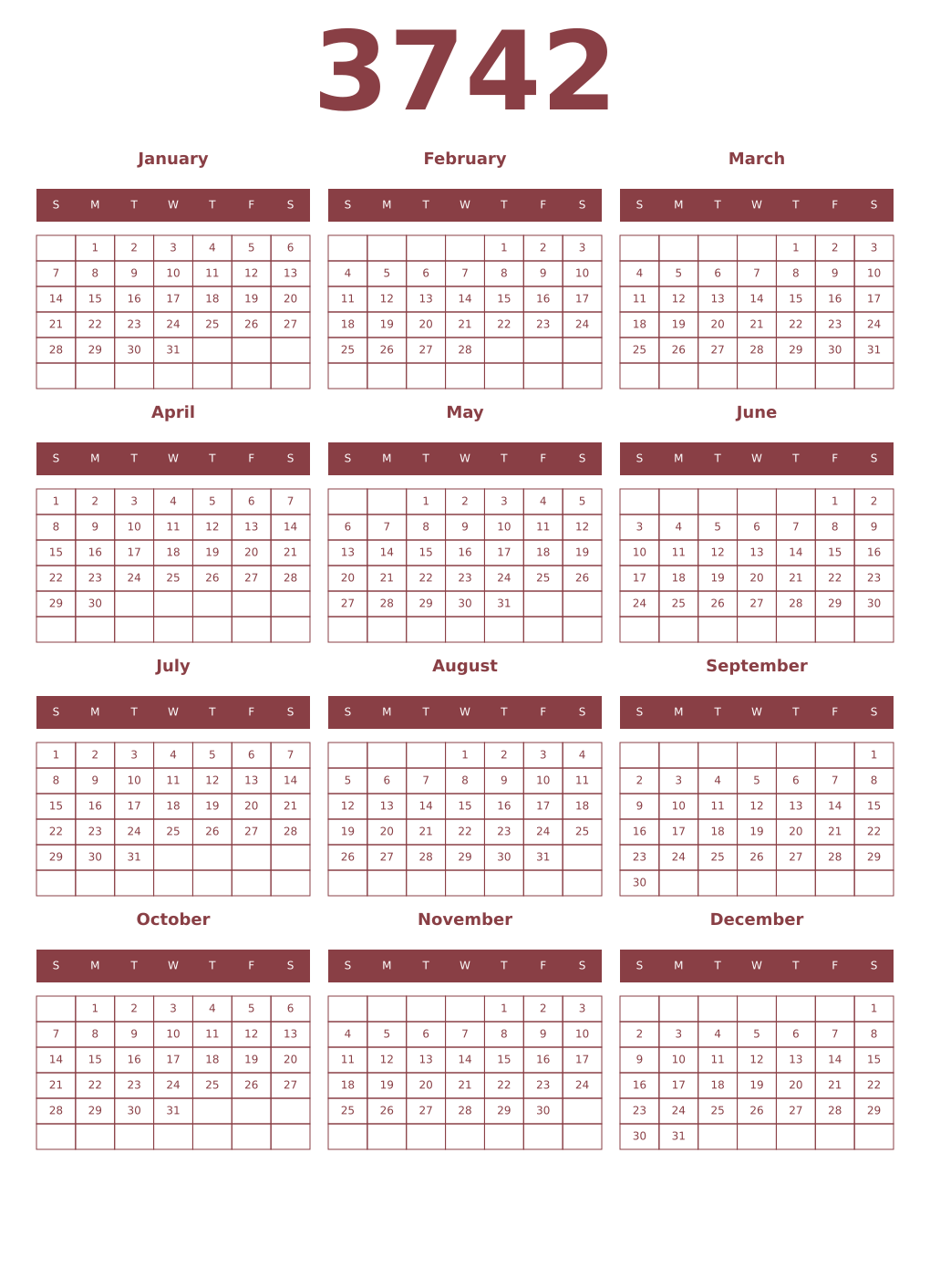 Printable 3742 Year Calendars cordovan