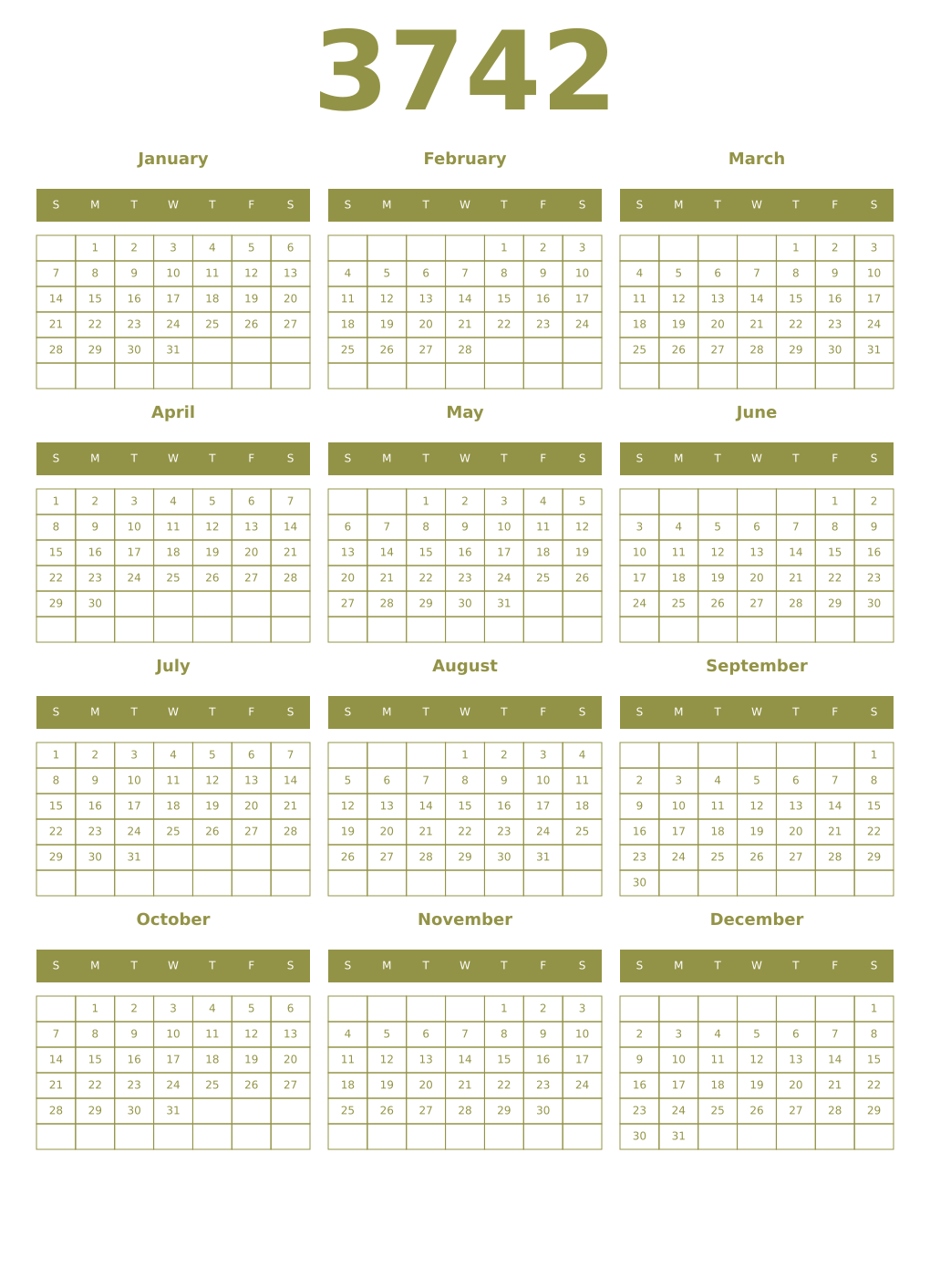 Printable 3742 Year Calendars eburnean