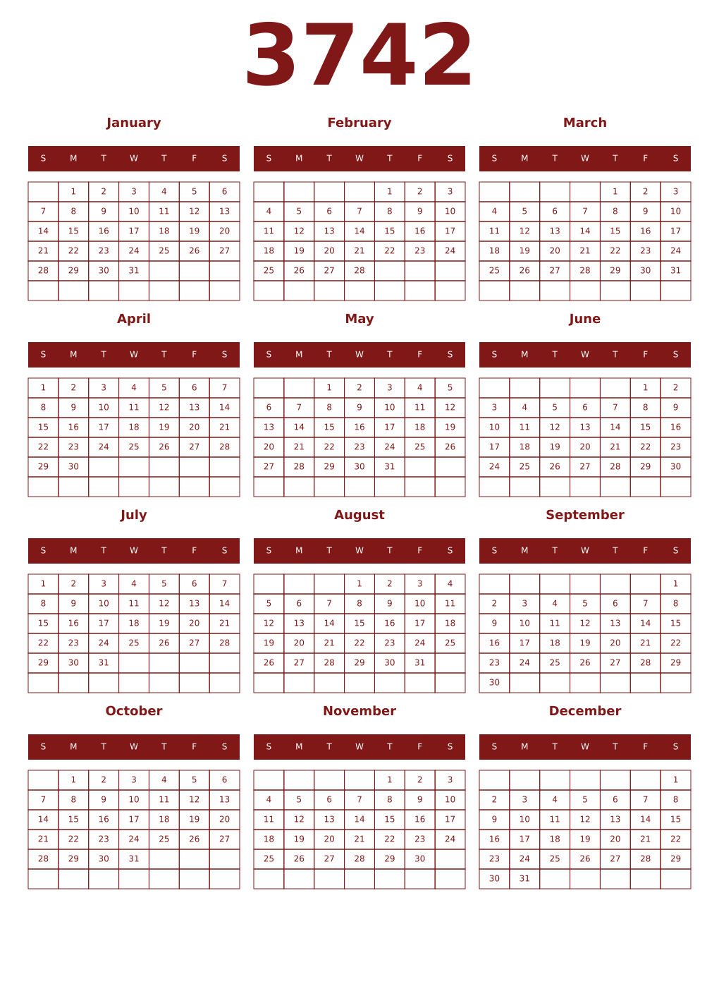 Printable 3742 Year Calendars falu