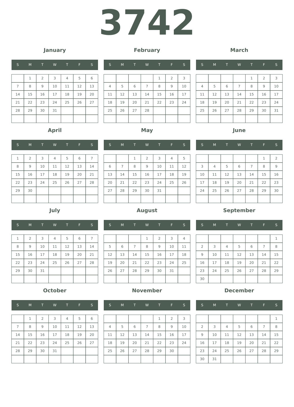 Printable 3742 Year Calendars feldgrau