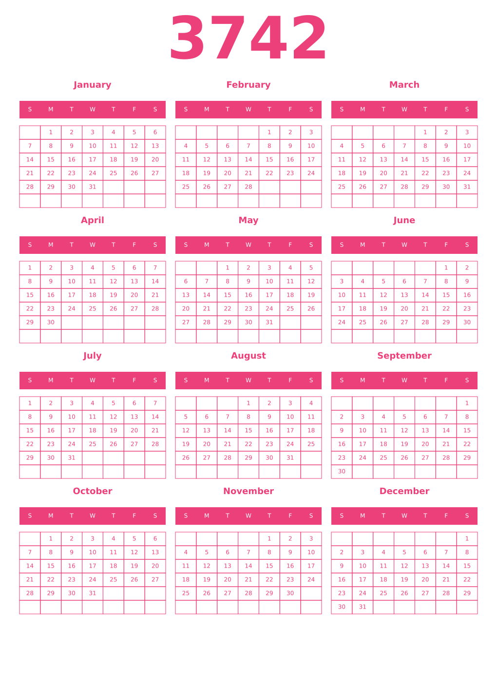 Printable 3742 Year Calendars pink