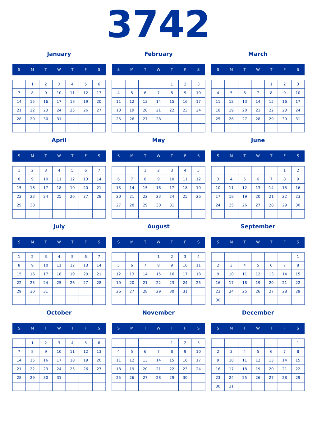 Printable 3742 Year Calendars smalt