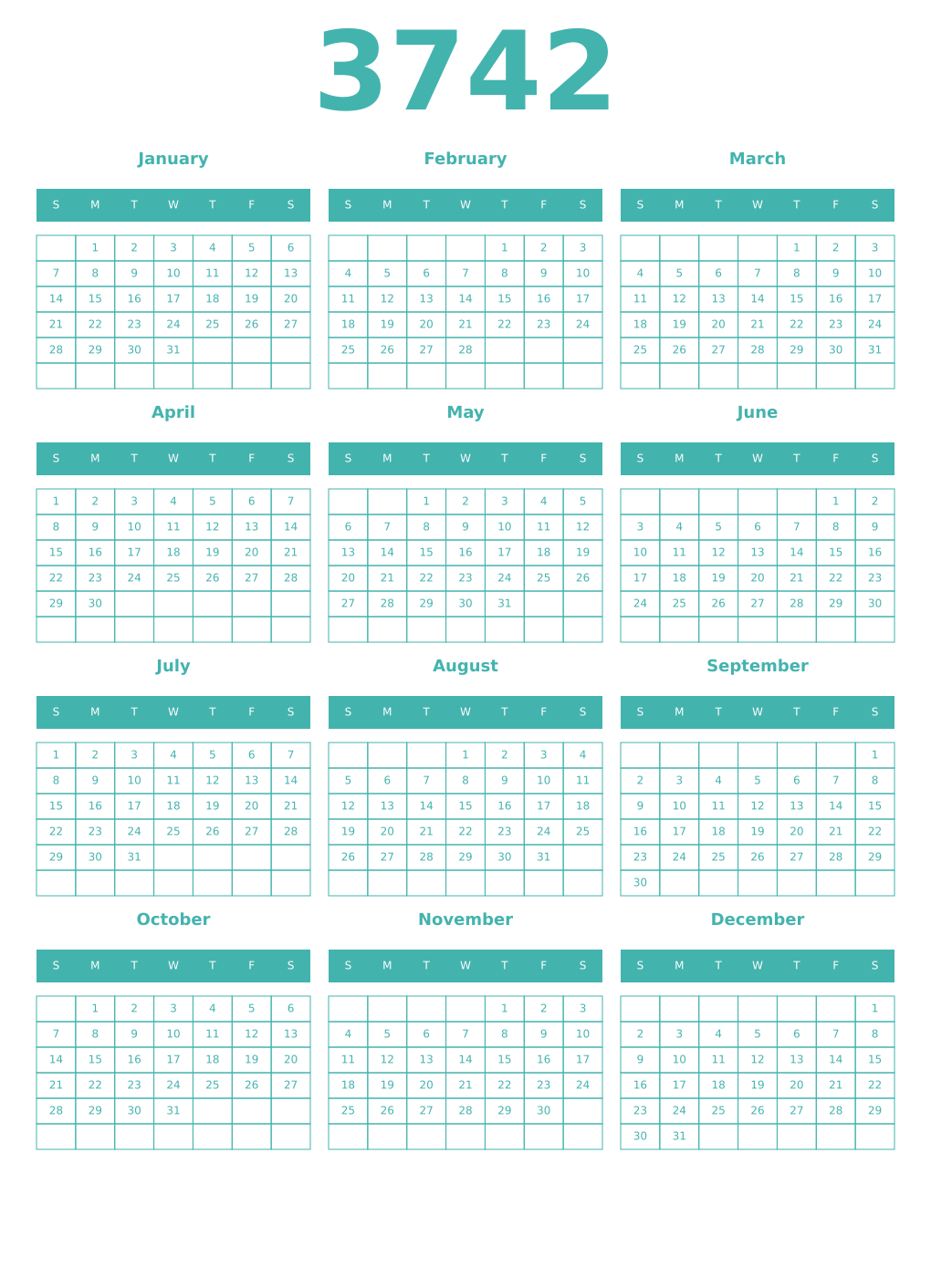 Printable 3742 Year Calendars verdigris