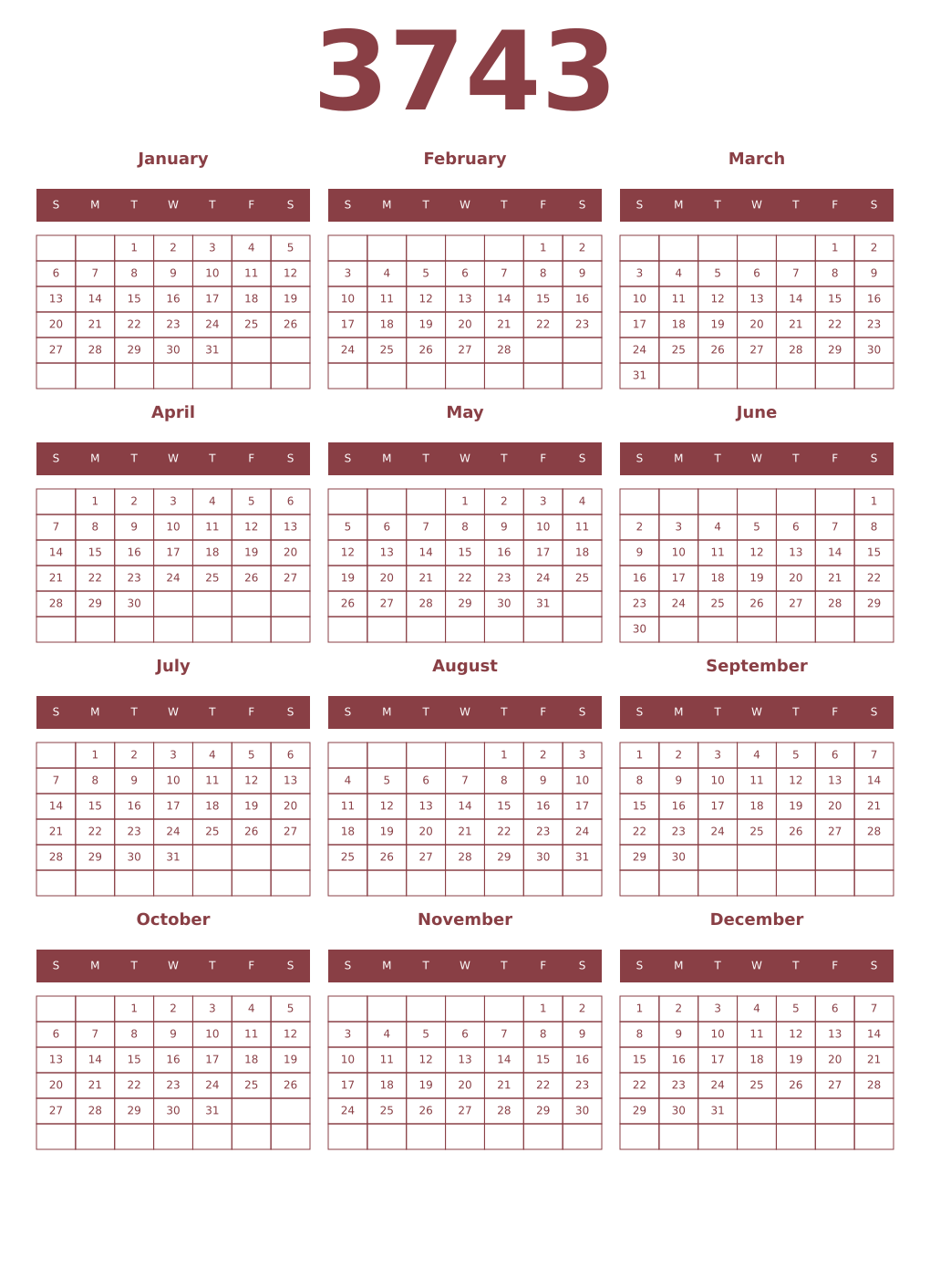Printable 3743 Year Calendars cordovan