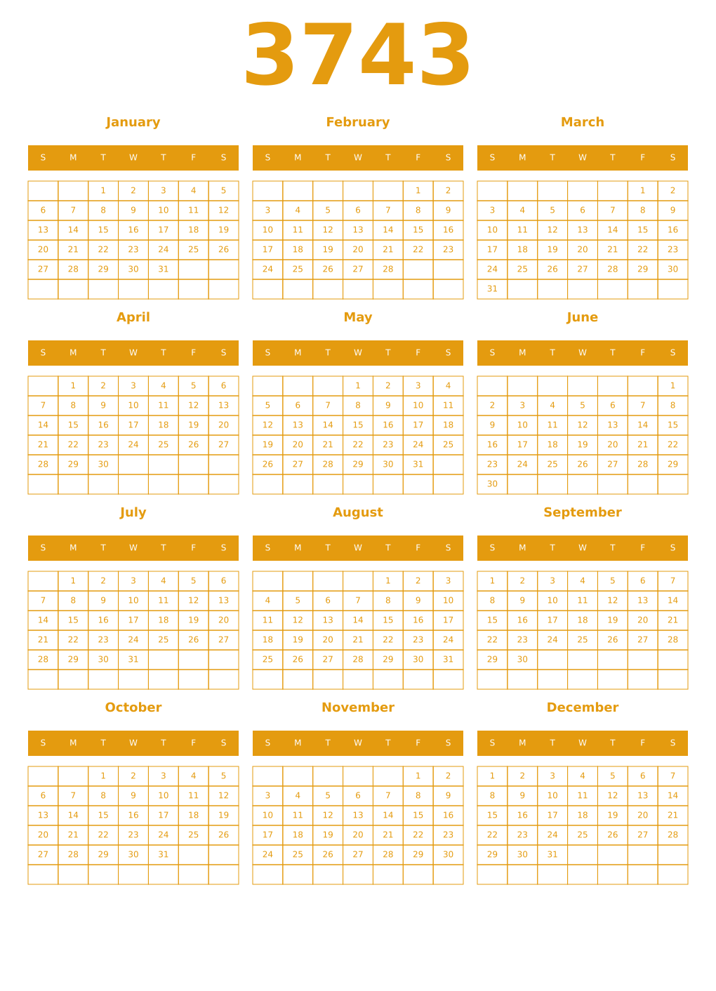 Printable 3743 Year Calendars gamboge