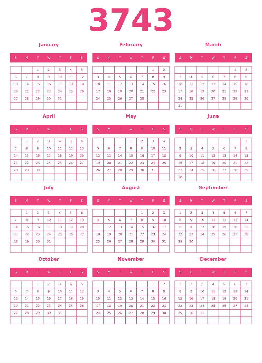 Printable 3743 Year Calendars pink