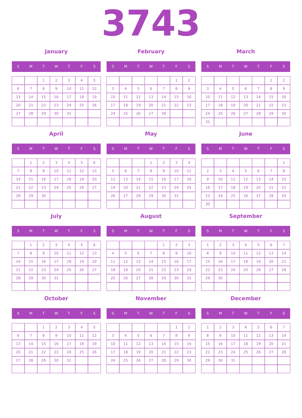 Printable 3743 Year Calendars purple