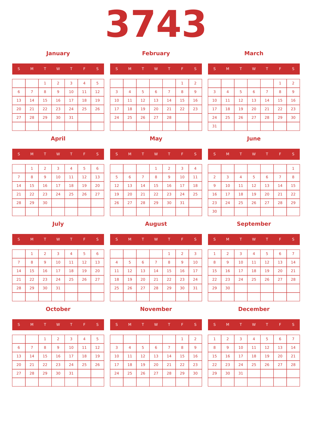 Printable 3743 Year Calendars red