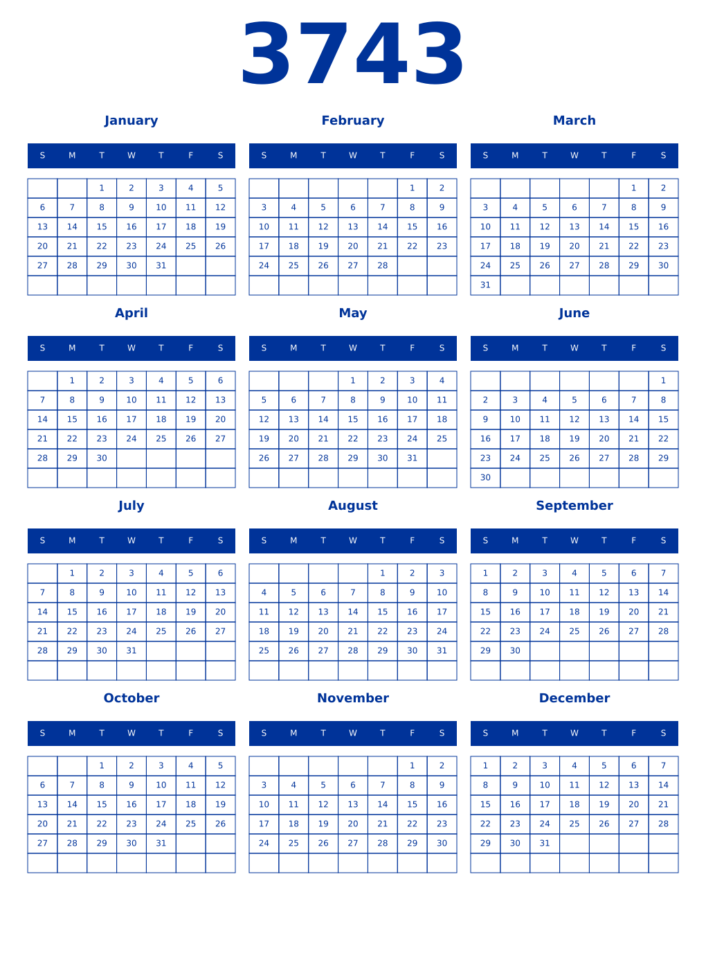 Printable 3743 Year Calendars smalt