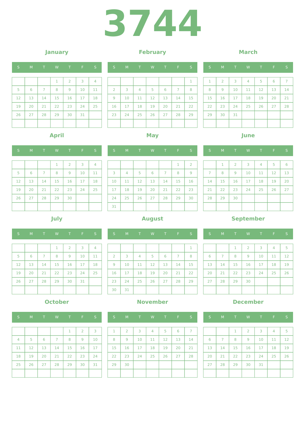 Printable 3744 Year Calendars celadon