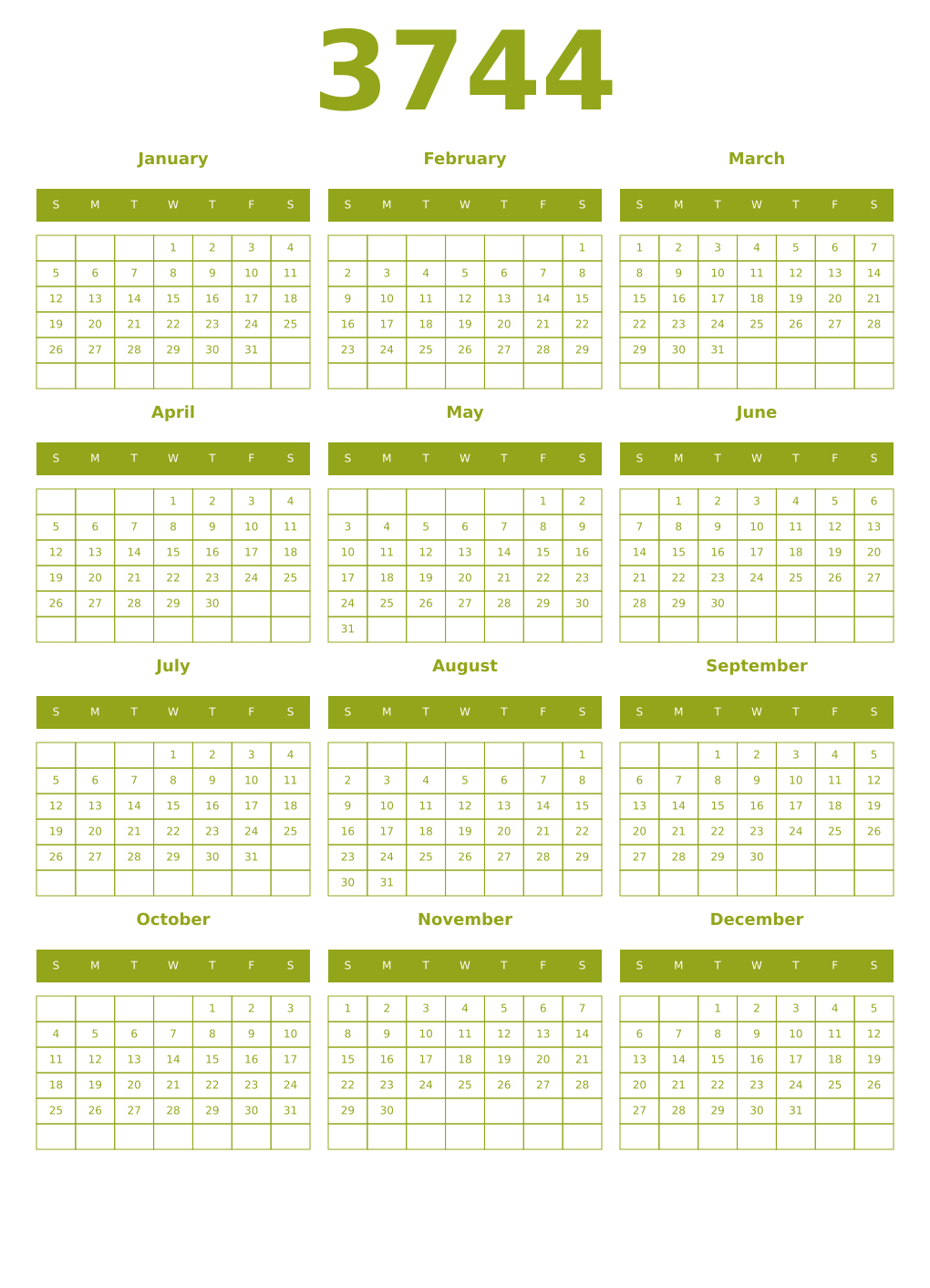 Printable 3744 Year Calendars chartreuse