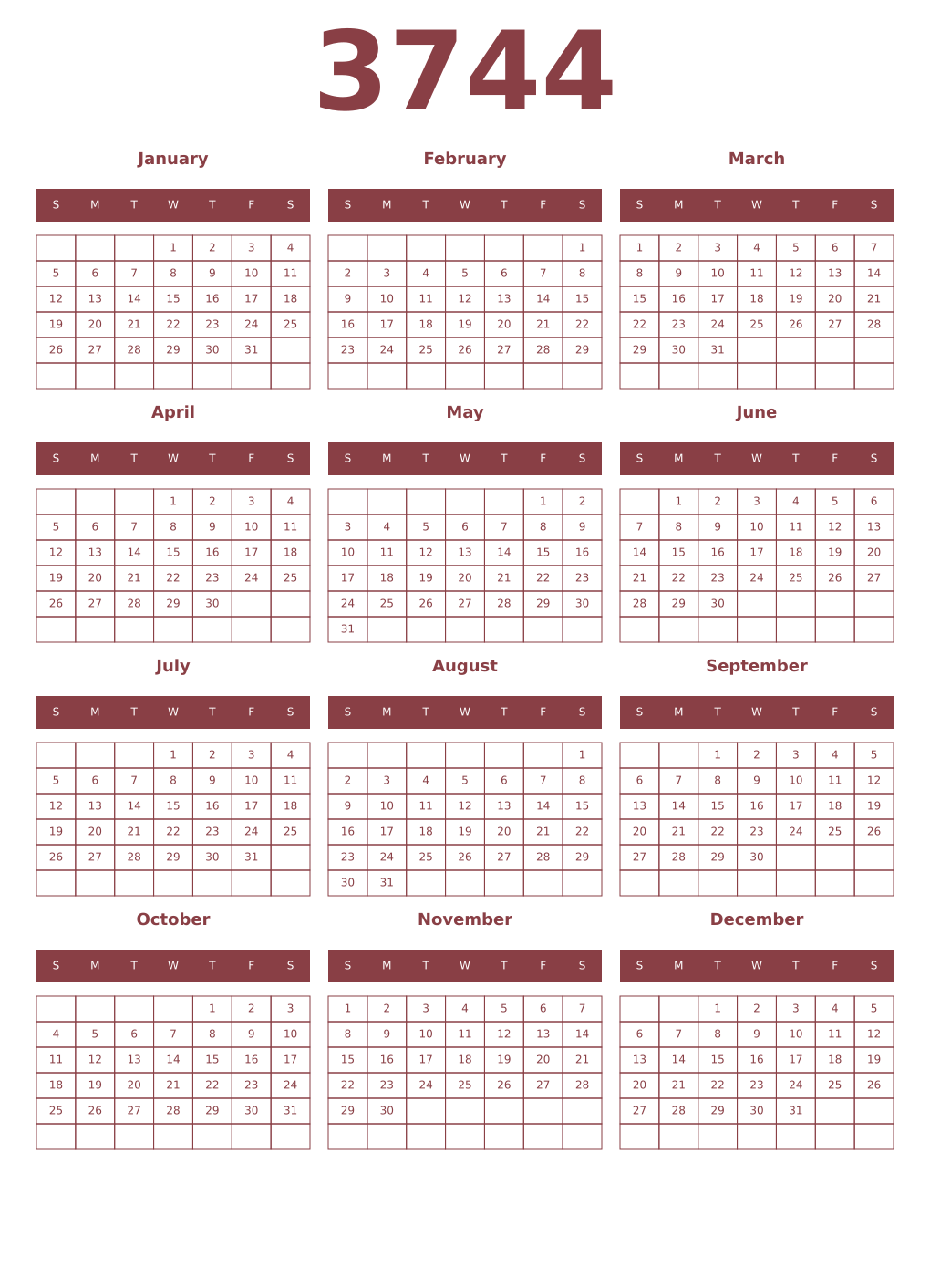 Printable 3744 Year Calendars cordovan