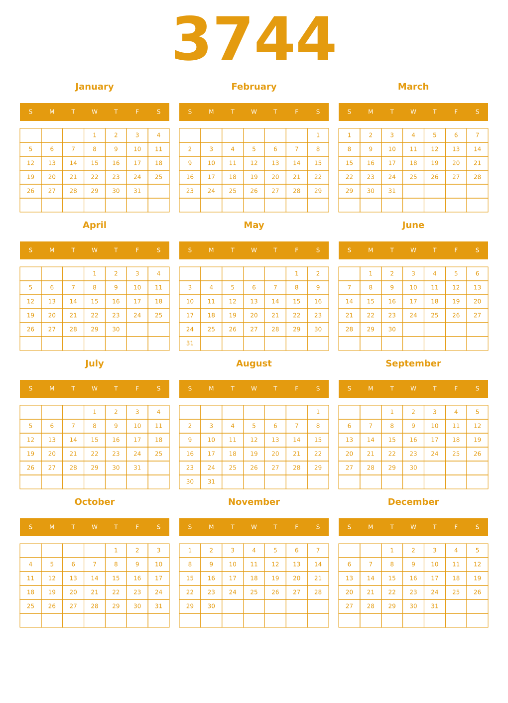Printable 3744 Year Calendars gamboge