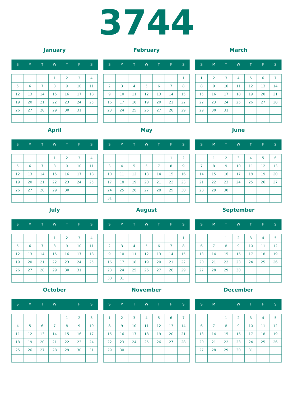 Printable 3744 Year Calendars pastel