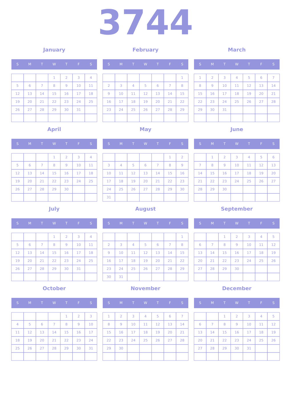 Printable 3744 Year Calendars periwinkle