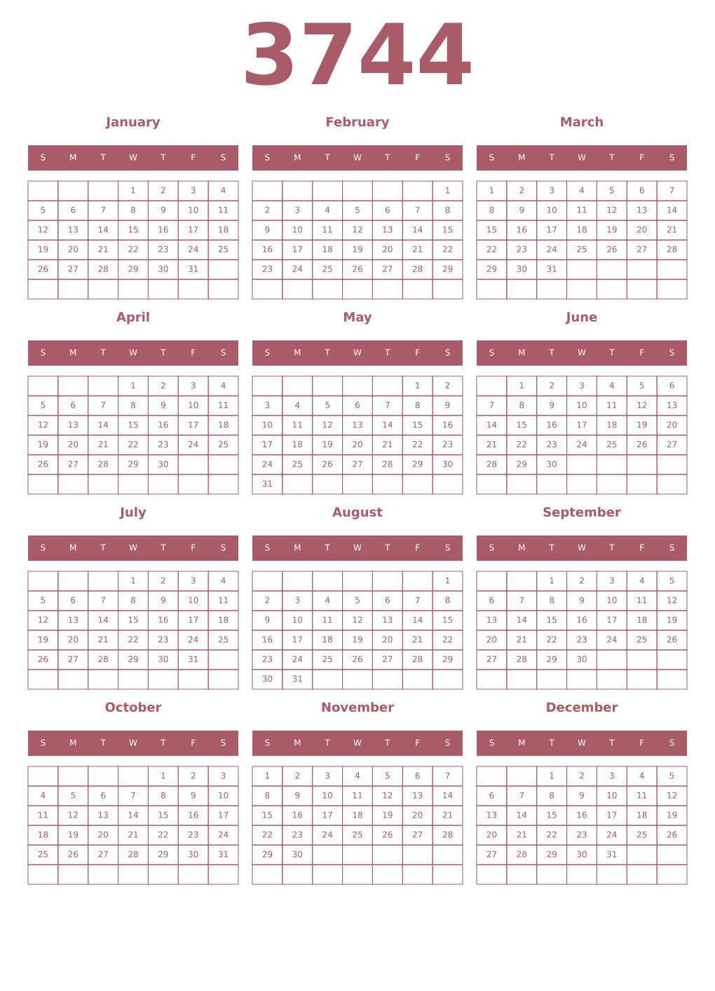 Printable 3744 Year Calendars puce