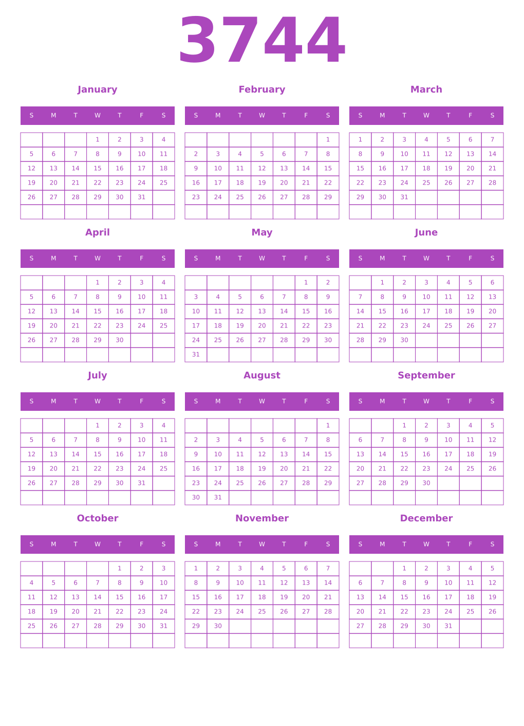 Printable 3744 Year Calendars purple