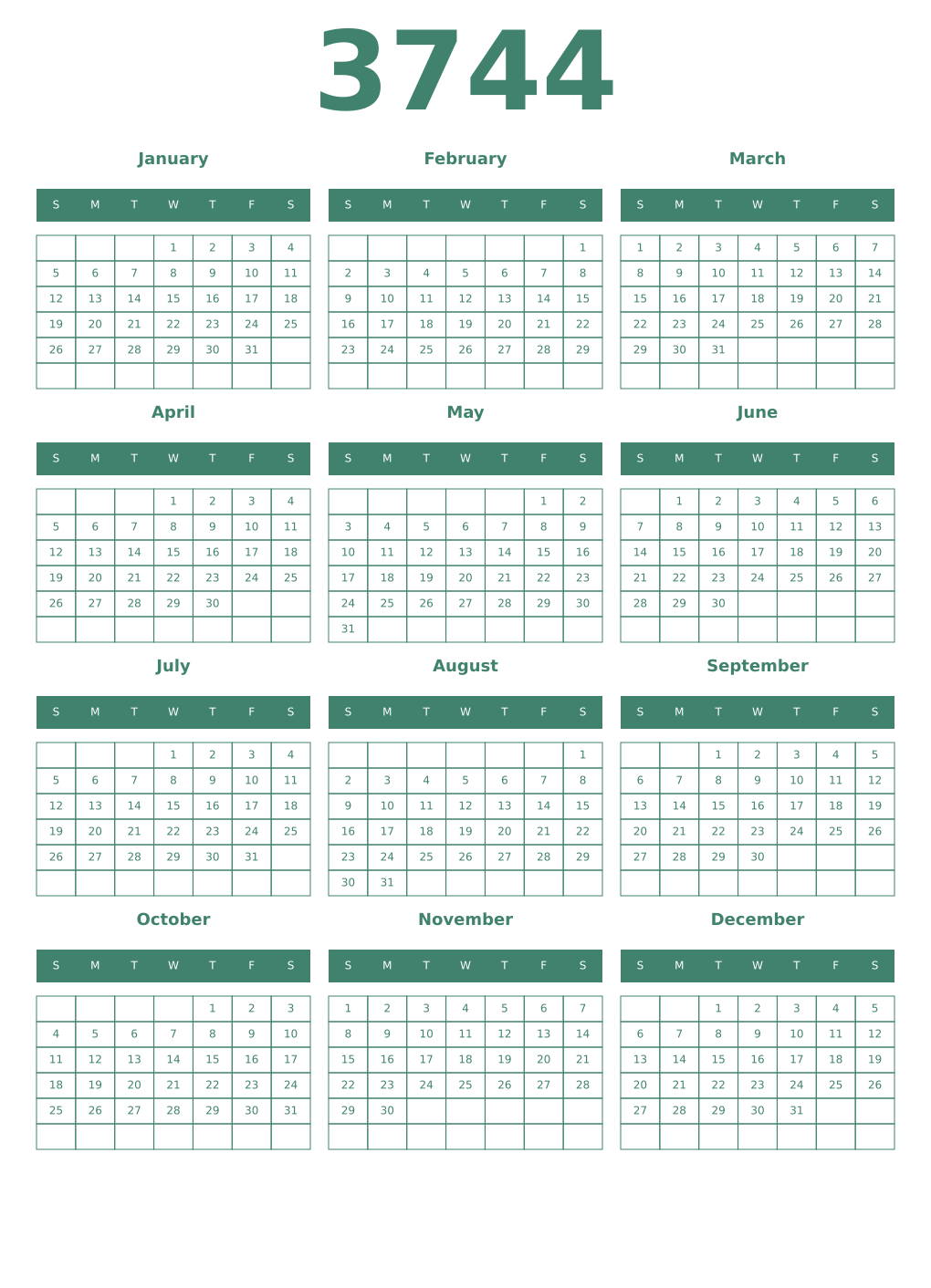 Printable 3744 Year Calendars viridian