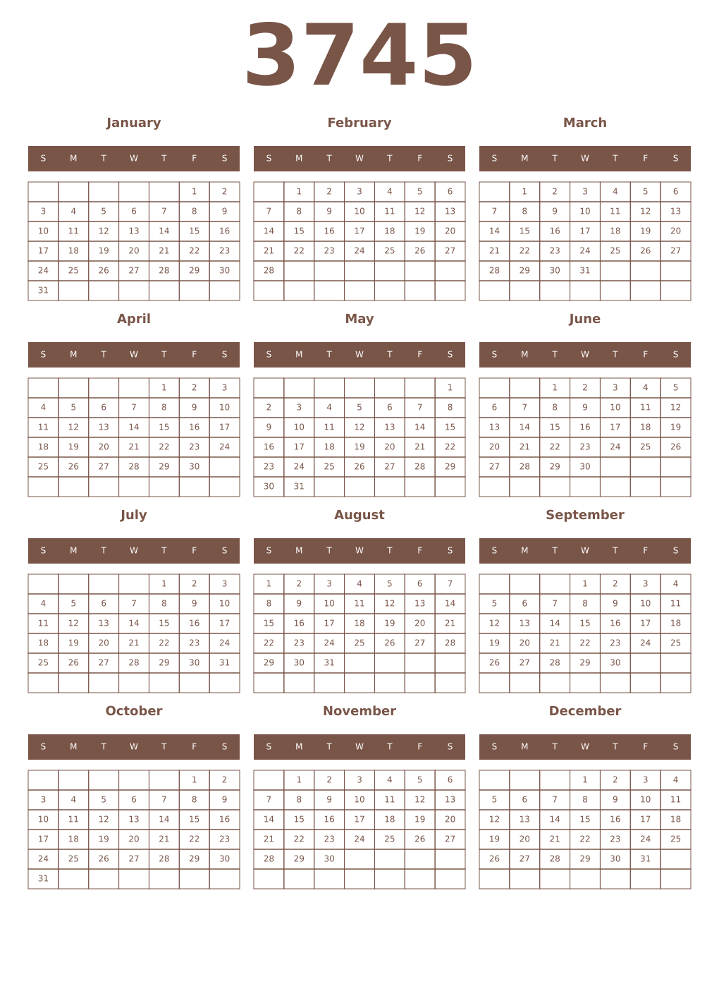Printable 3745 Year Calendars coffe