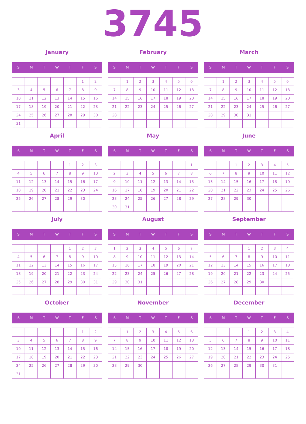 Printable 3745 Year Calendars purple