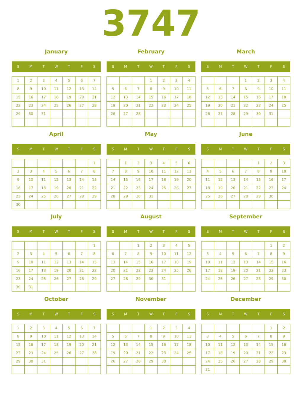 Printable 3747 Year Calendars chartreuse