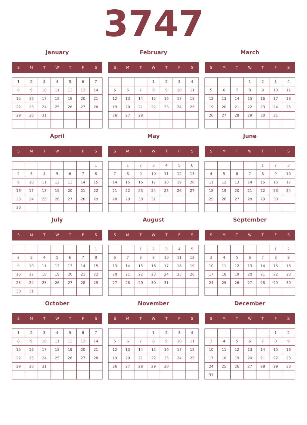 Printable 3747 Year Calendars cordovan