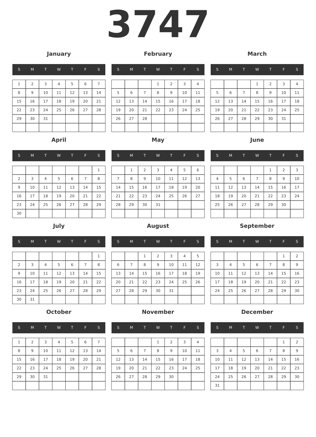 Printable 3747 Year Calendars dark