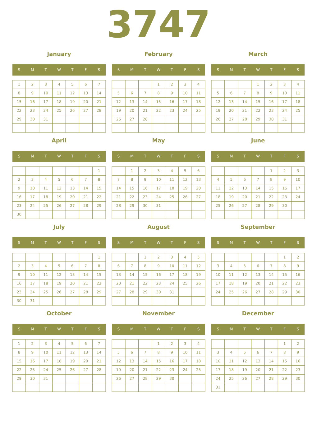 Printable 3747 Year Calendars eburnean