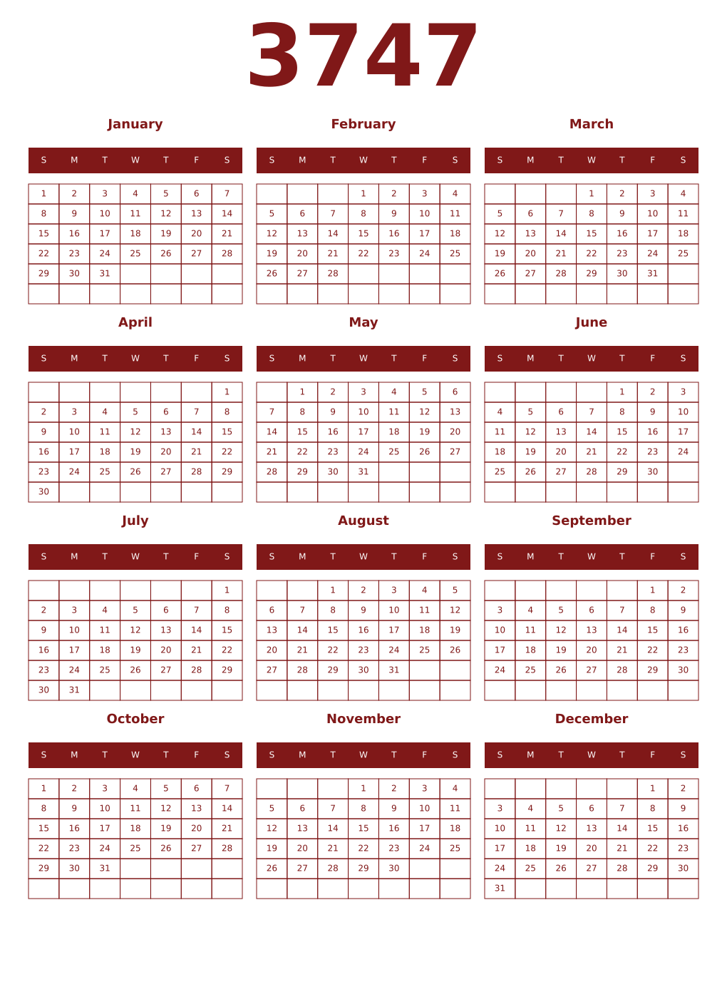 Printable 3747 Year Calendars falu