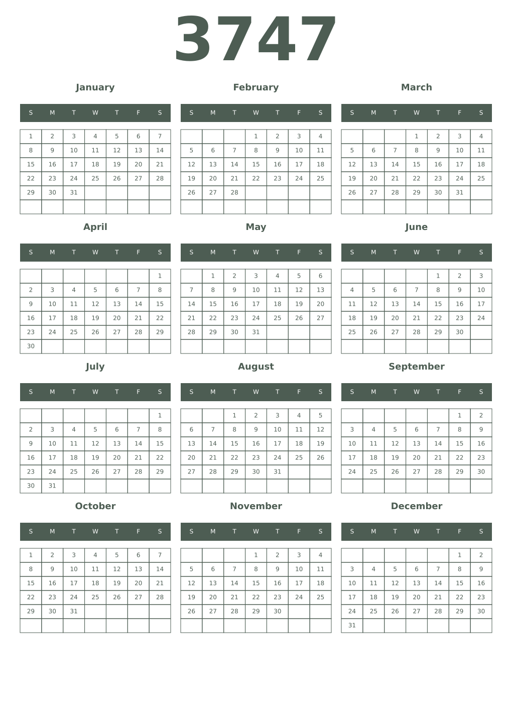Printable 3747 Year Calendars feldgrau