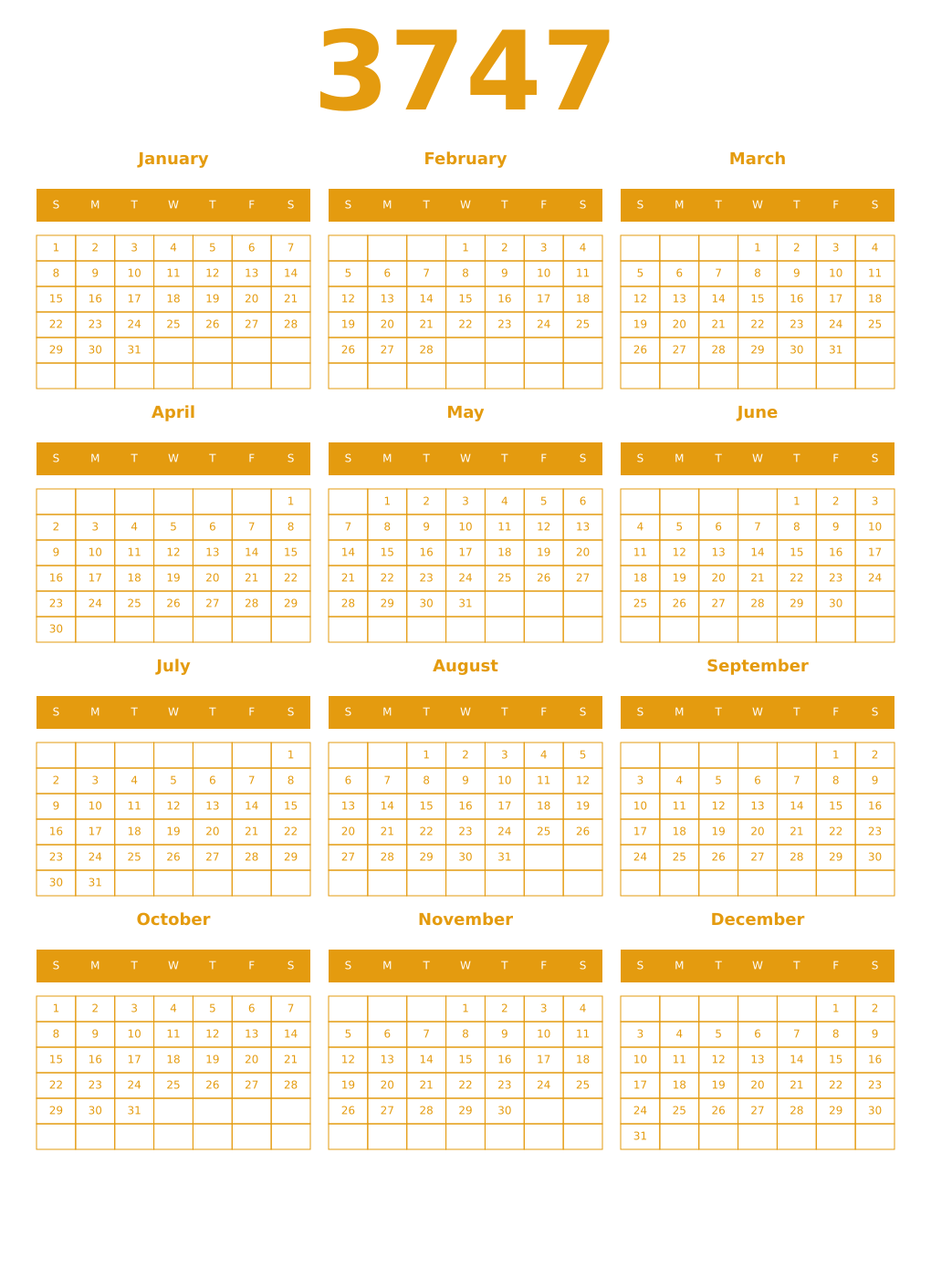 Printable 3747 Year Calendars gamboge