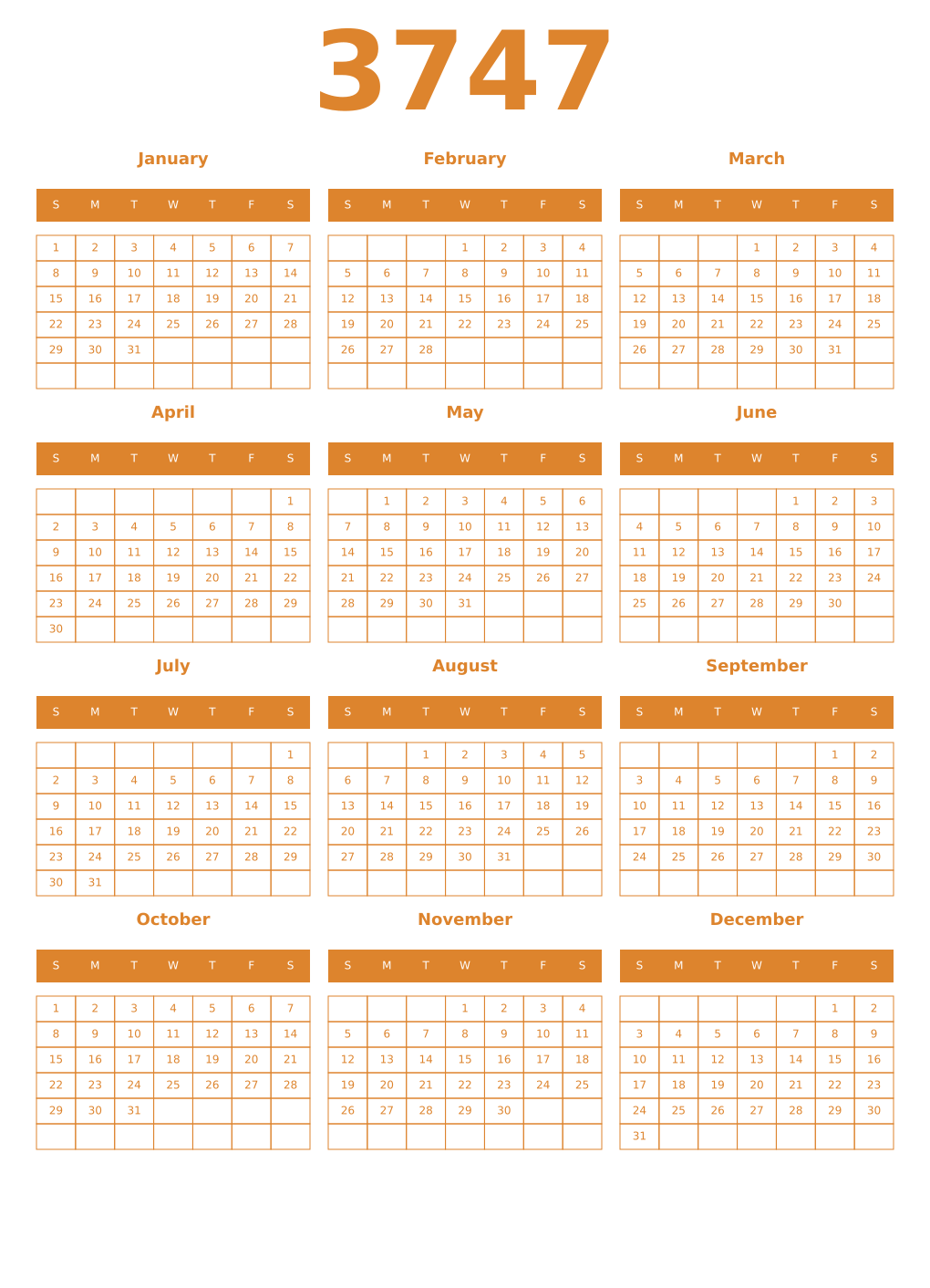 Printable 3747 Year Calendars orange