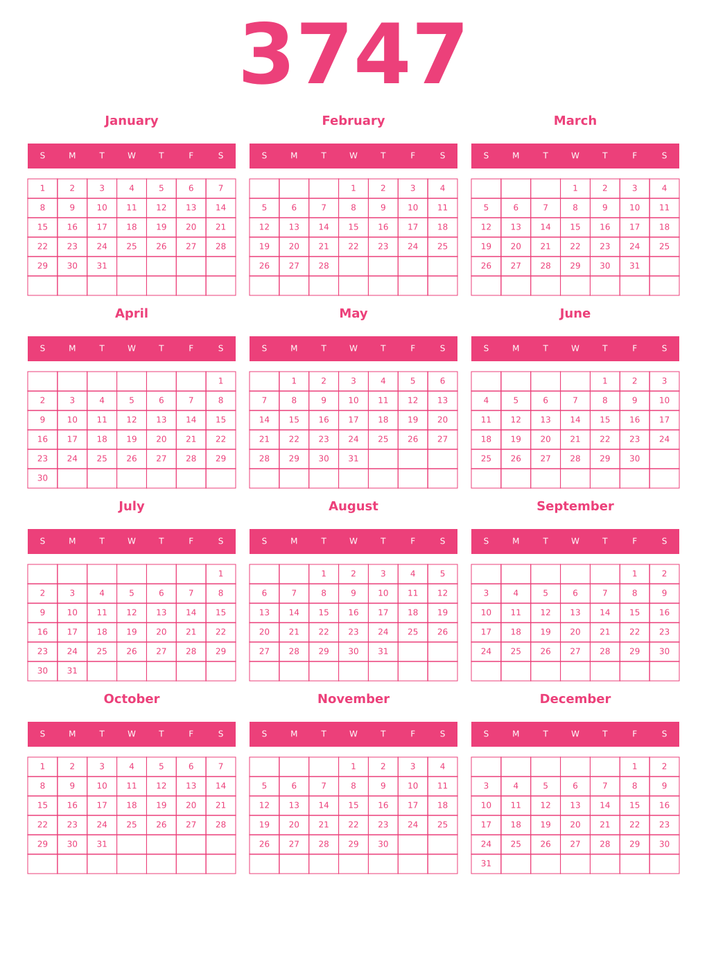 Printable 3747 Year Calendars pink