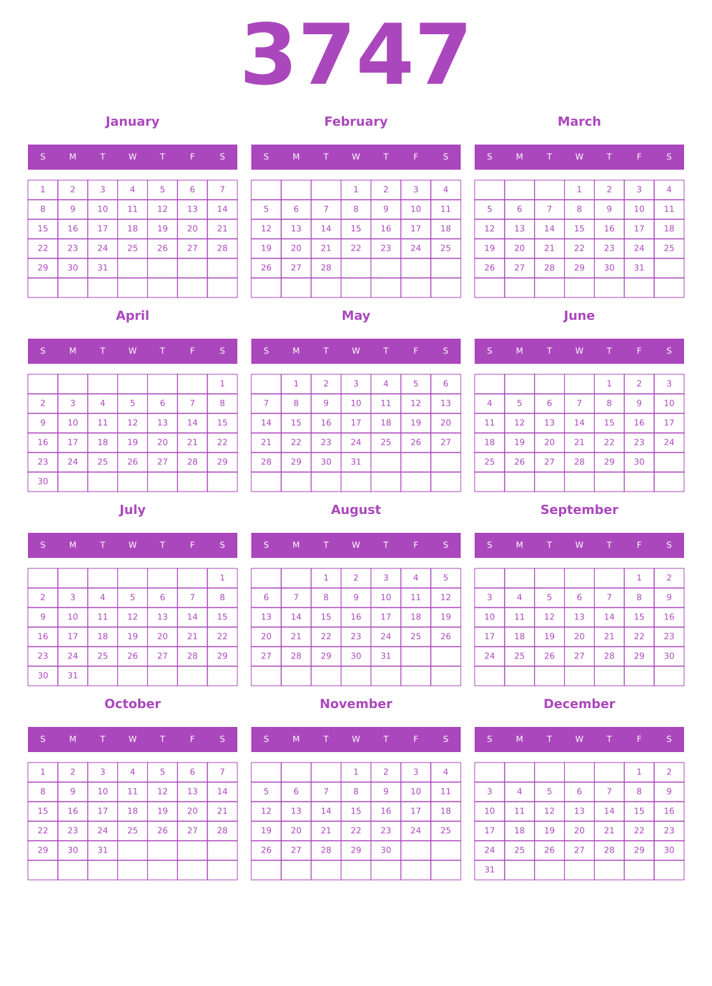 Printable 3747 Year Calendars purple