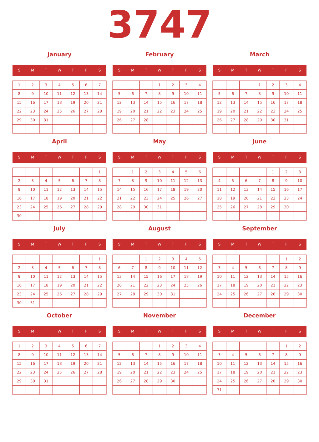 Printable 3747 Year Calendars red