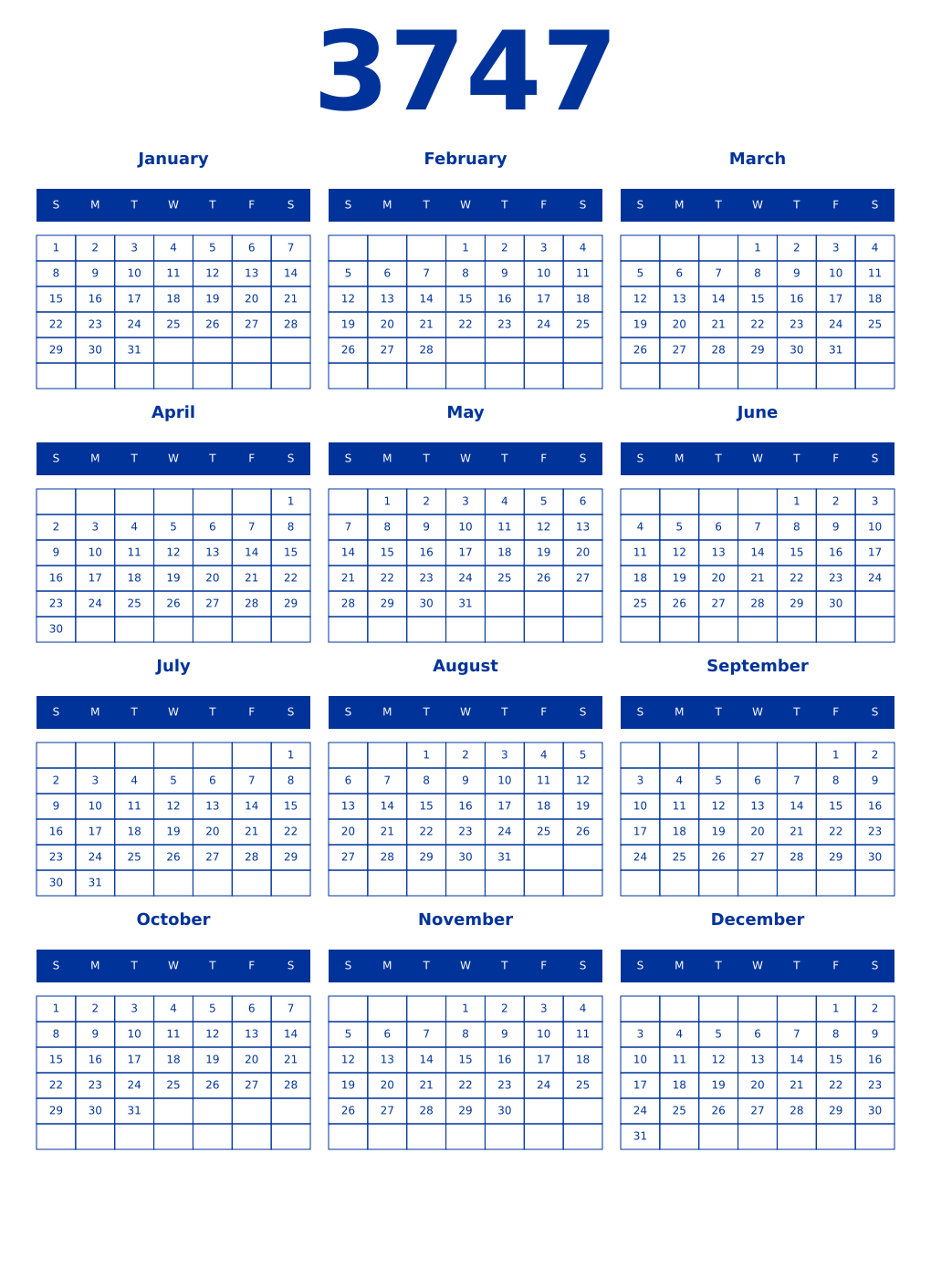 Printable 3747 Year Calendars smalt