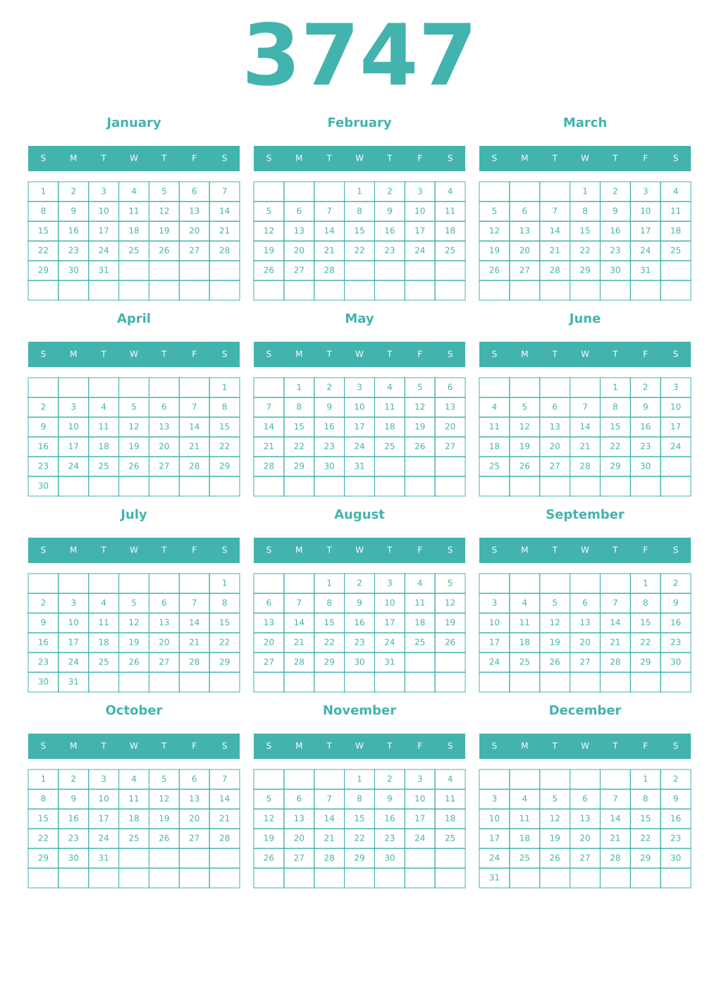 Printable 3747 Year Calendars verdigris