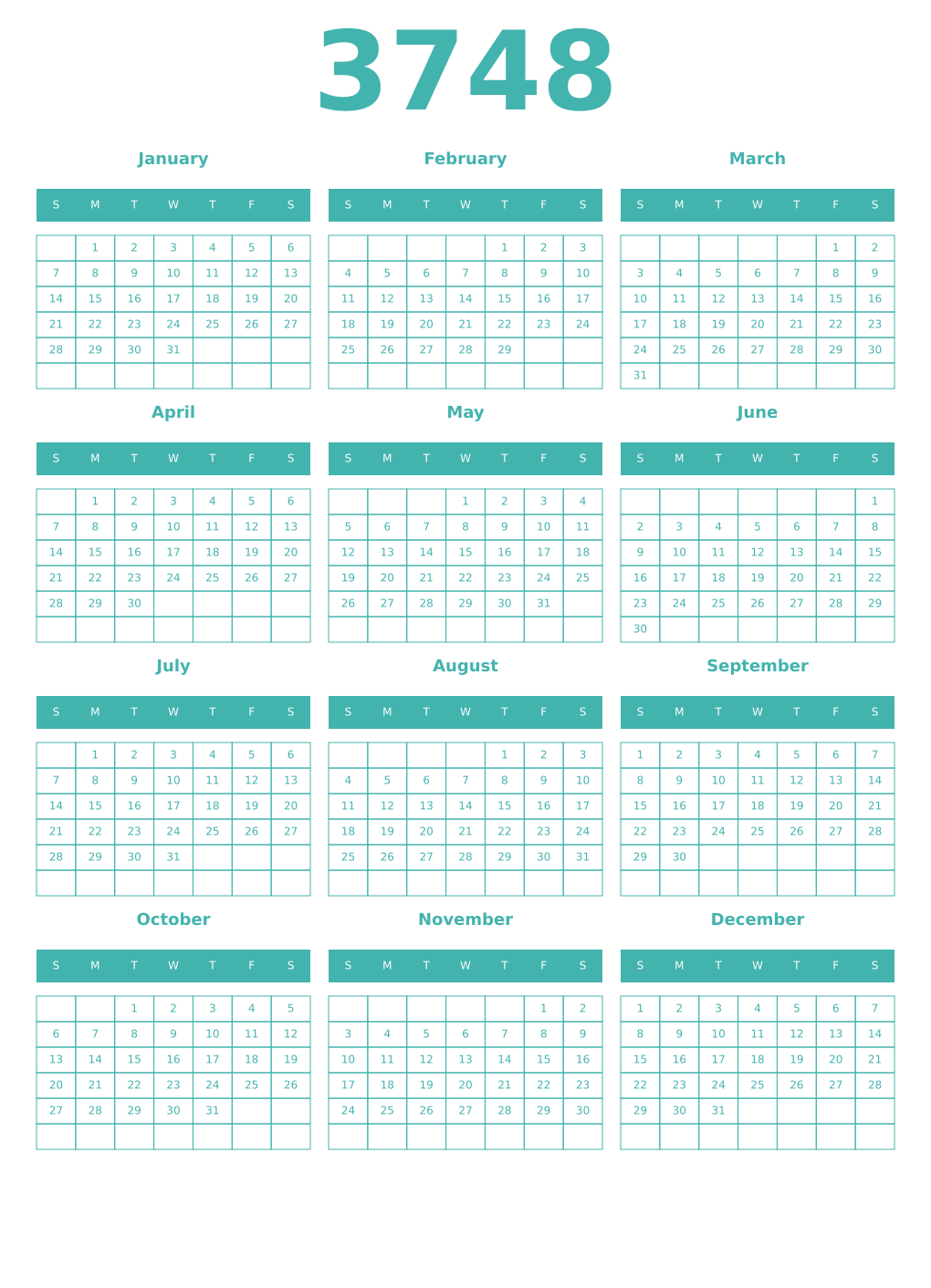 Printable 3748 Year Calendars verdigris
