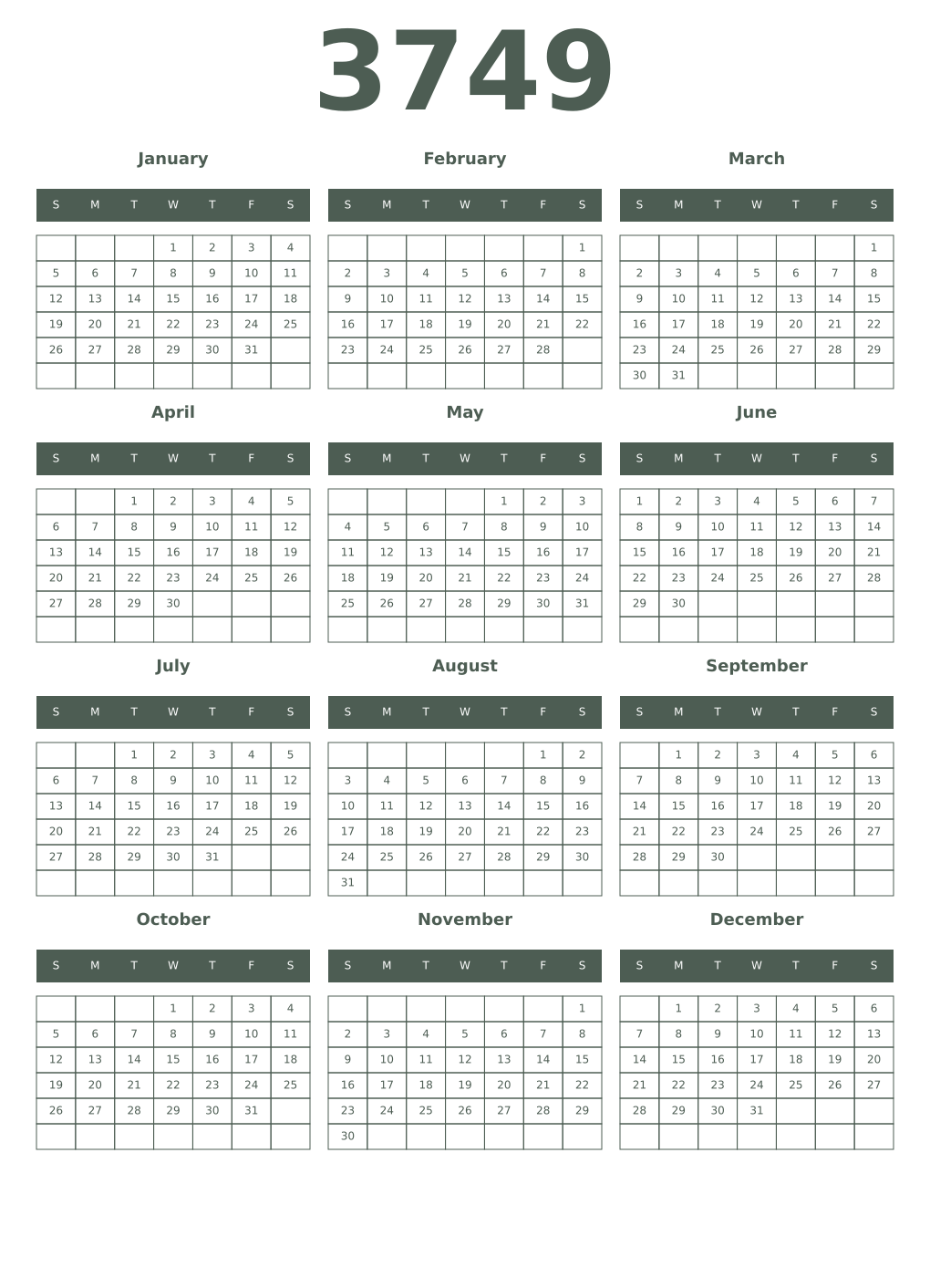 Printable 3749 Year Calendars feldgrau