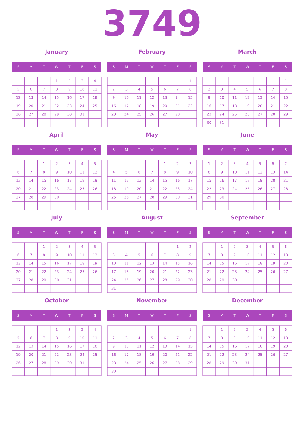 Printable 3749 Year Calendars purple