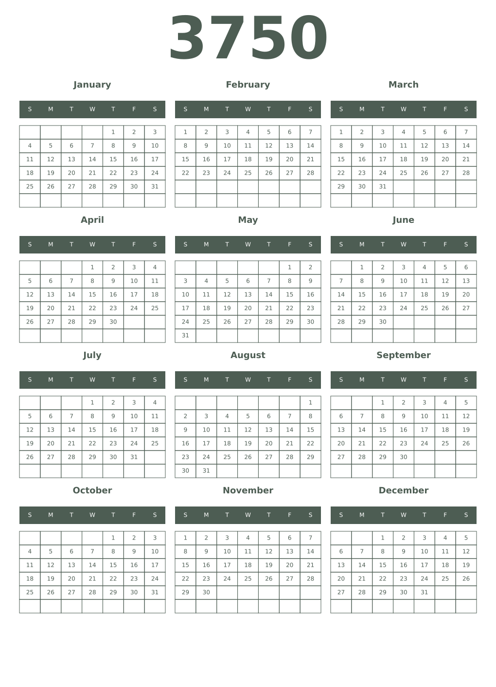 Printable 3750 Year Calendars feldgrau