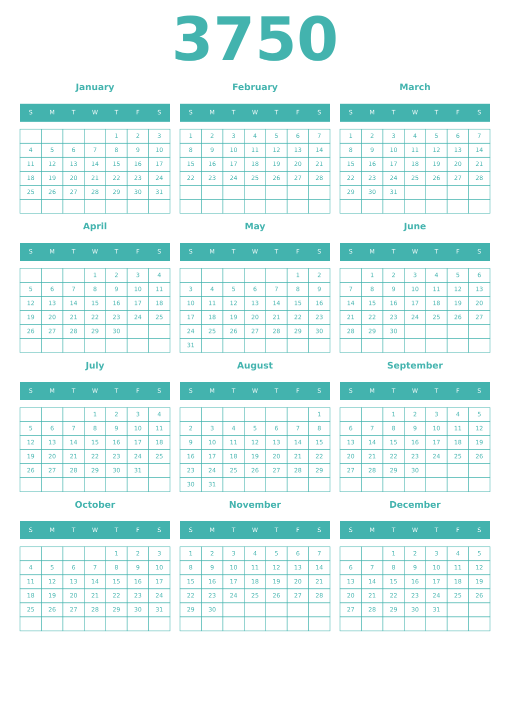 Printable 3750 Year Calendars verdigris