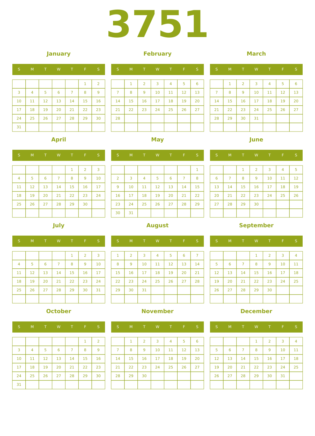 Printable 3751 Year Calendars chartreuse