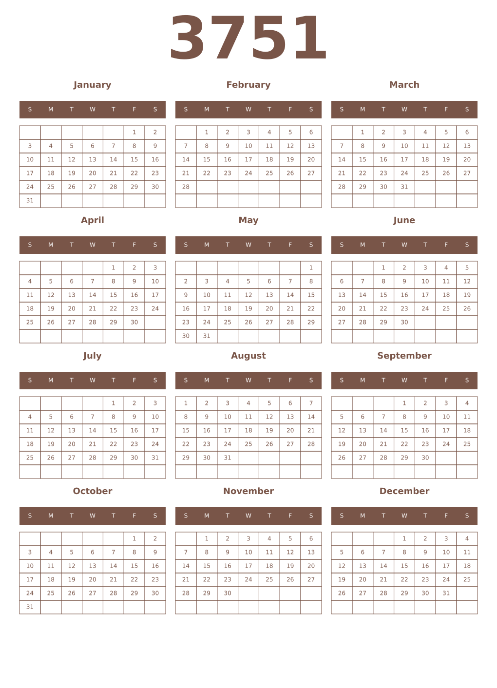 Printable 3751 Year Calendars coffe