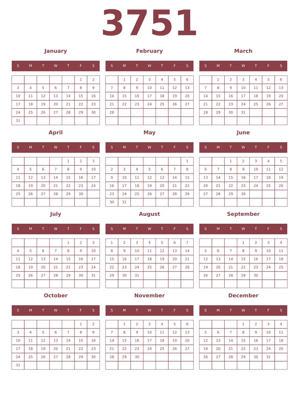 Printable 3751 Year Calendars cordovan